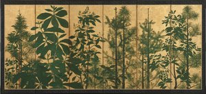 Träd, tidig Edo-period (bläck, färg och guld på papper)